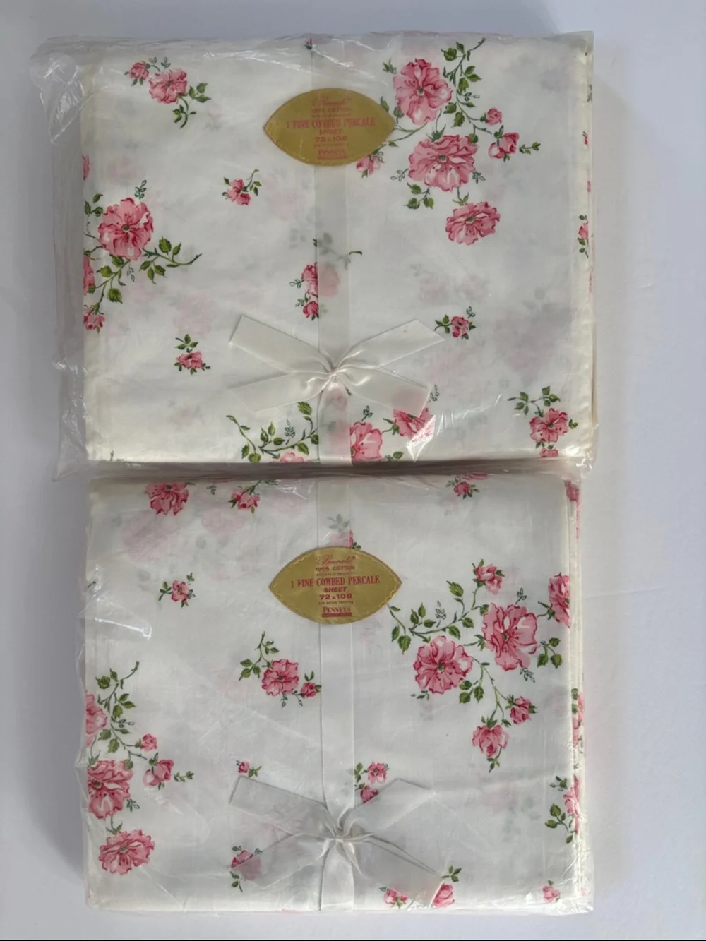 Vintage Penny’s Pencale White Pink Floral Fine Combed (2) Flat Bed Sheets 72x108
